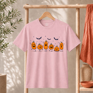 Cute Halloween Pumpkin Shirt featuring cheerful orange pumpkins and bats, perfect for spooky season celebrations.