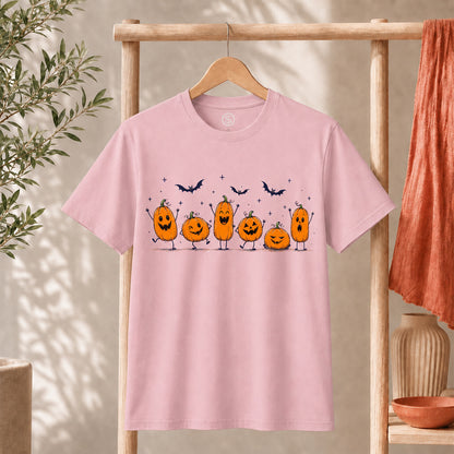 Cute Halloween Pumpkin Shirt featuring cheerful orange pumpkins and bats, perfect for spooky season celebrations.
