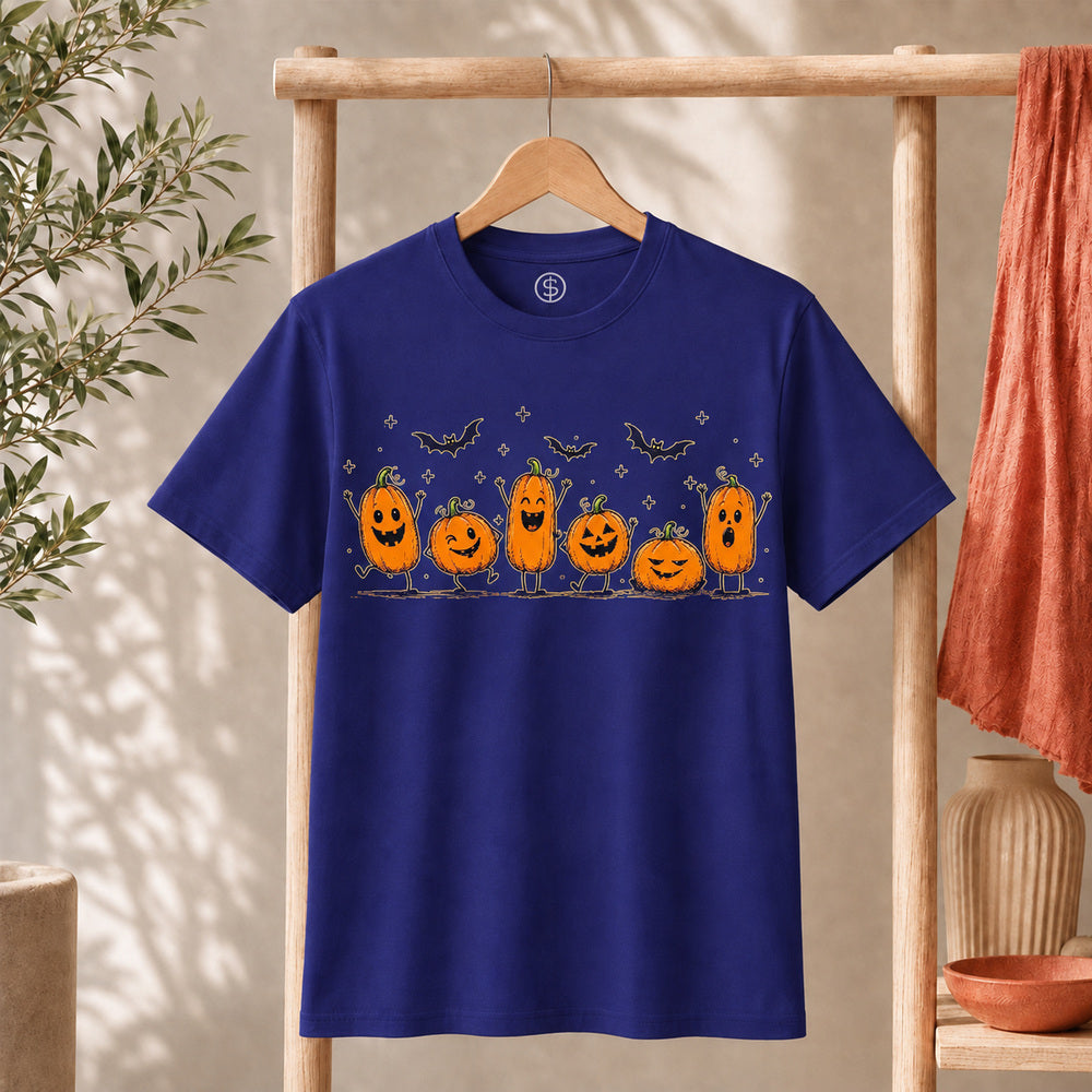 Cute Halloween Pumpkin Shirt featuring expressive pumpkins and bats, perfect for the spooky season.