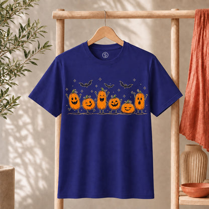 Cute Halloween Pumpkin Shirt featuring expressive pumpkins and bats, perfect for the spooky season.