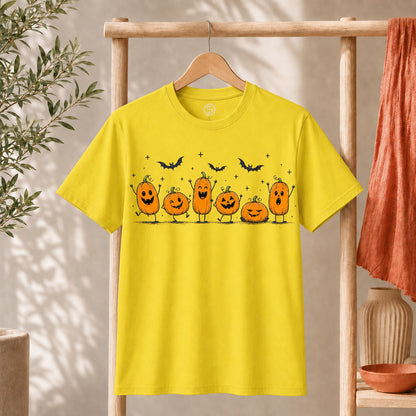 Cute Halloween Pumpkin Shirt featuring cheerful orange pumpkins and bats on a yellow background.