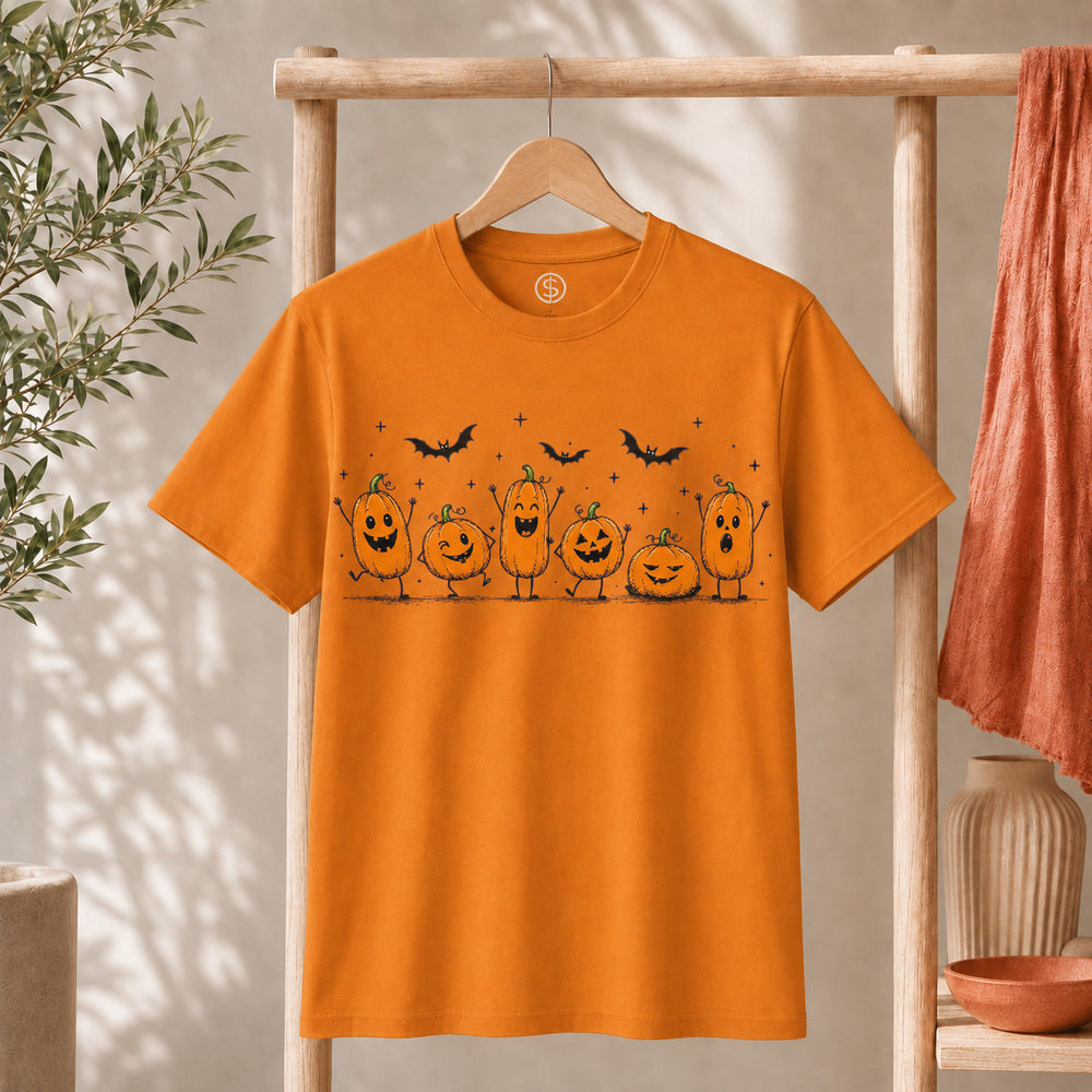 Cute Halloween Pumpkin Shirt featuring cheerful orange pumpkins and bats for spooky season.