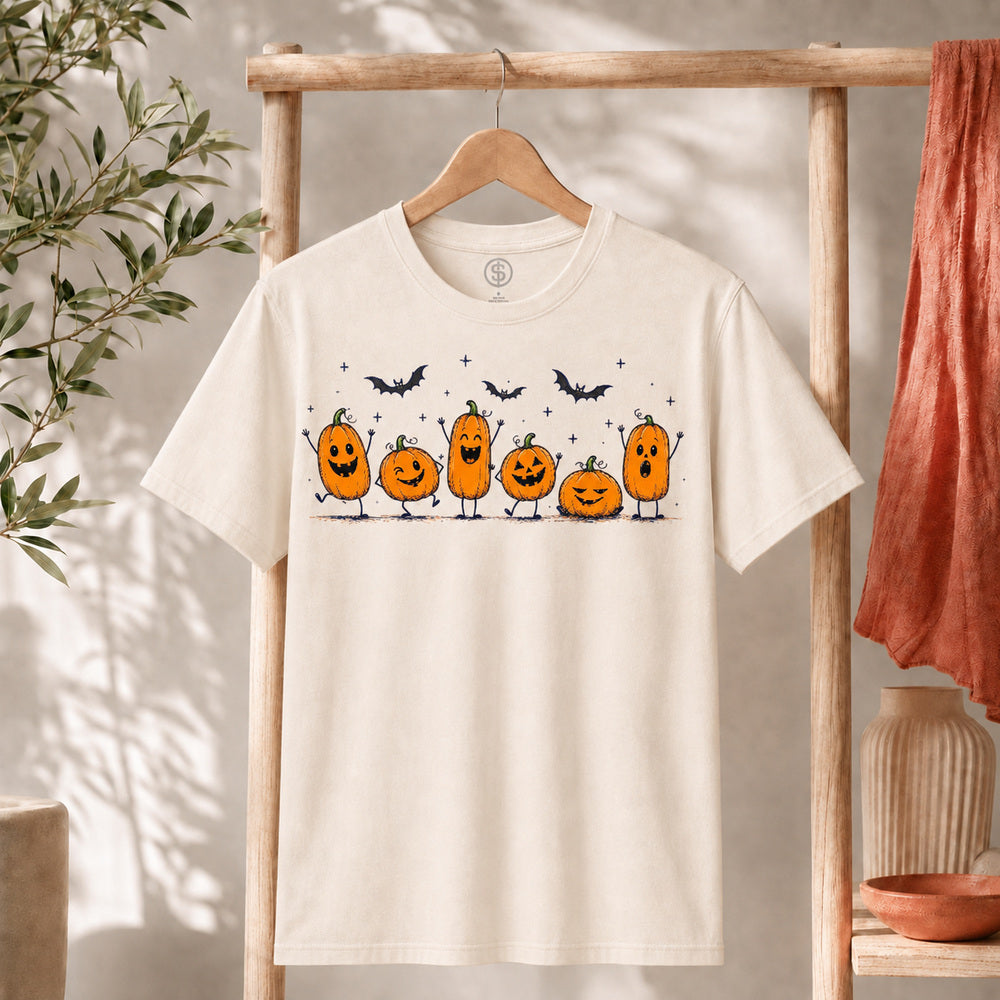 Cute Halloween Pumpkin Shirt featuring cheerful pumpkins and playful bats, perfect for the spooky season.