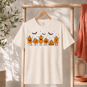 Cute Halloween Pumpkin Shirt featuring cheerful pumpkins and playful bats, perfect for the spooky season.