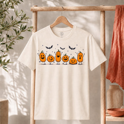 Cute Halloween Pumpkin Shirt featuring cheerful pumpkins and playful bats, perfect for the spooky season.
