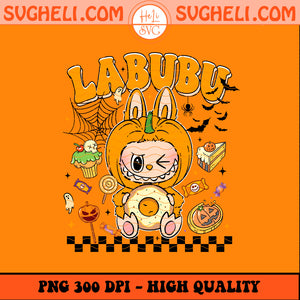 Cute Labubu Pumpkin Vibes Png featuring a cartoon character in a pumpkin costume with Halloween elements.