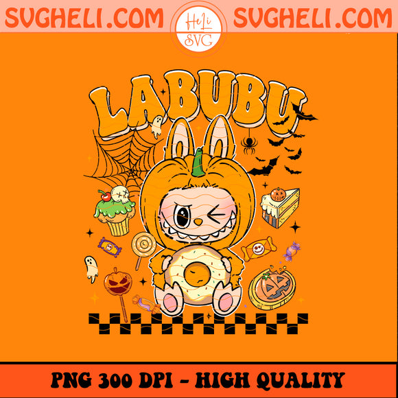Cute Labubu Pumpkin Vibes Png featuring a cartoon character in a pumpkin costume with Halloween elements.