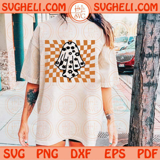 Daisy Ghost Svg Checkered Floral Ghost Svg Groovy Halloween Svg Png Sublimation Dxf Eps Files