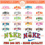 Disney Nike Logo Png Bundle featuring multiple colorful Nike logos with characters and transparent backgrounds, 300 DPI high quality.