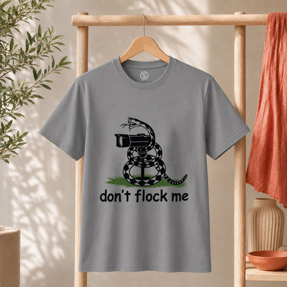 Dont Flock Me Snake With Camera T Shirt surveillance tee with humorous snake design on a gray background.