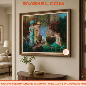 Enchanted Garden Oil Painting Three Maidens by a Pond displayed in a cozy living room.