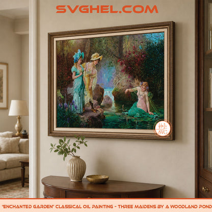Enchanted Garden Oil Painting Three Maidens by a Pond displayed in a cozy living room.