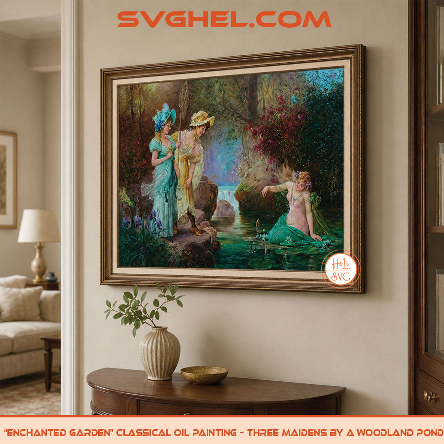Enchanted Garden Oil Painting Three Maidens by a Pond displayed in a cozy living room.