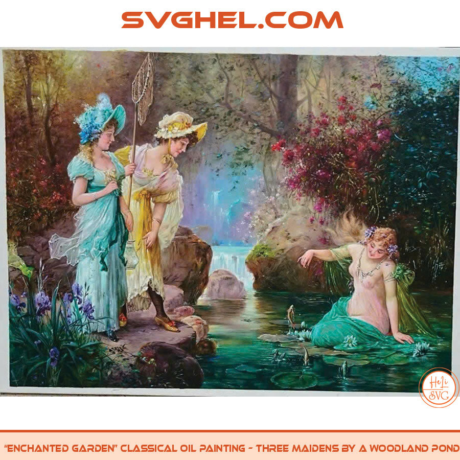 Enchanted Garden Oil Painting Three Maidens by a Pond, classical-style scene with mystical ambiance and natural beauty.