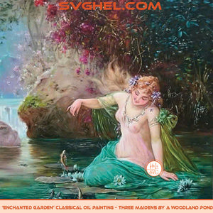 Enchanted Garden Oil Painting Three Maidens by a Pond, depicting a serene scene by a woodland pond.