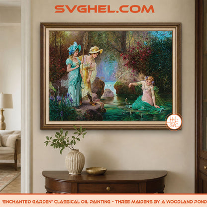 Enchanted Garden Oil Painting Three Maidens by a Pond, showcasing a serene scene with nature and mythology.
