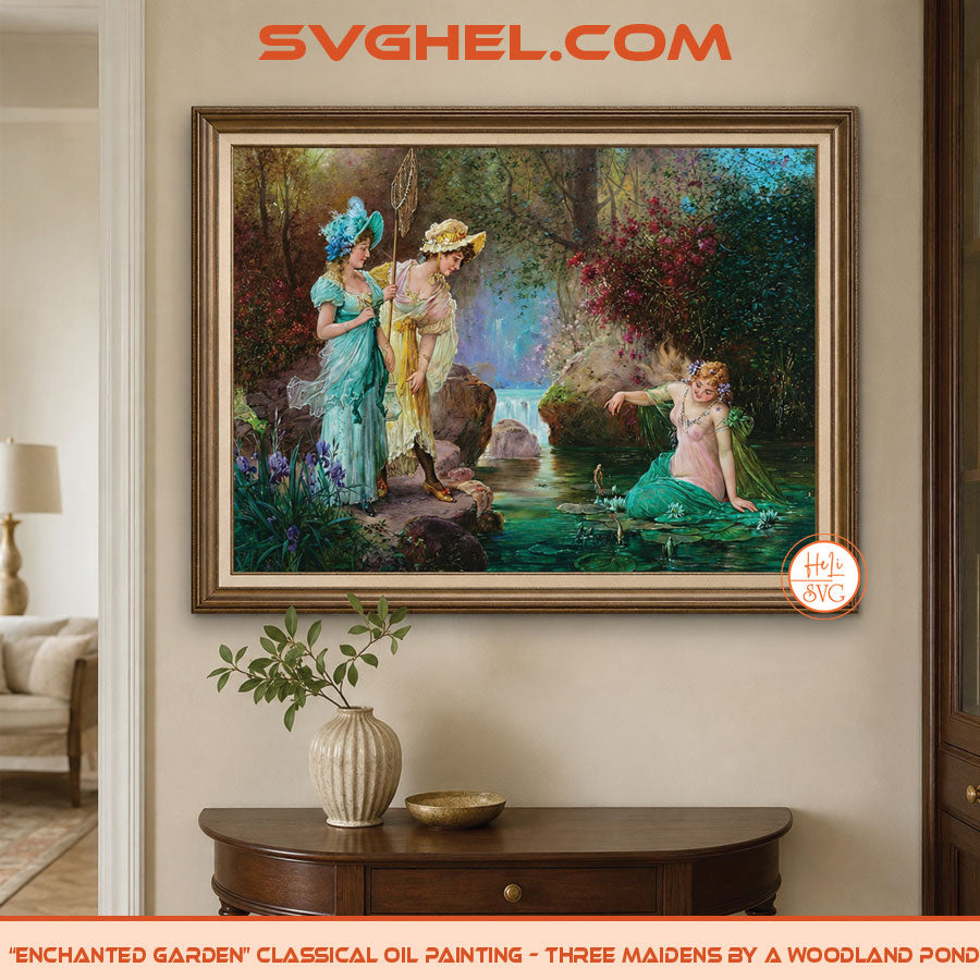 Enchanted Garden Oil Painting Three Maidens by a Pond, showcasing a serene scene with nature and mythology.