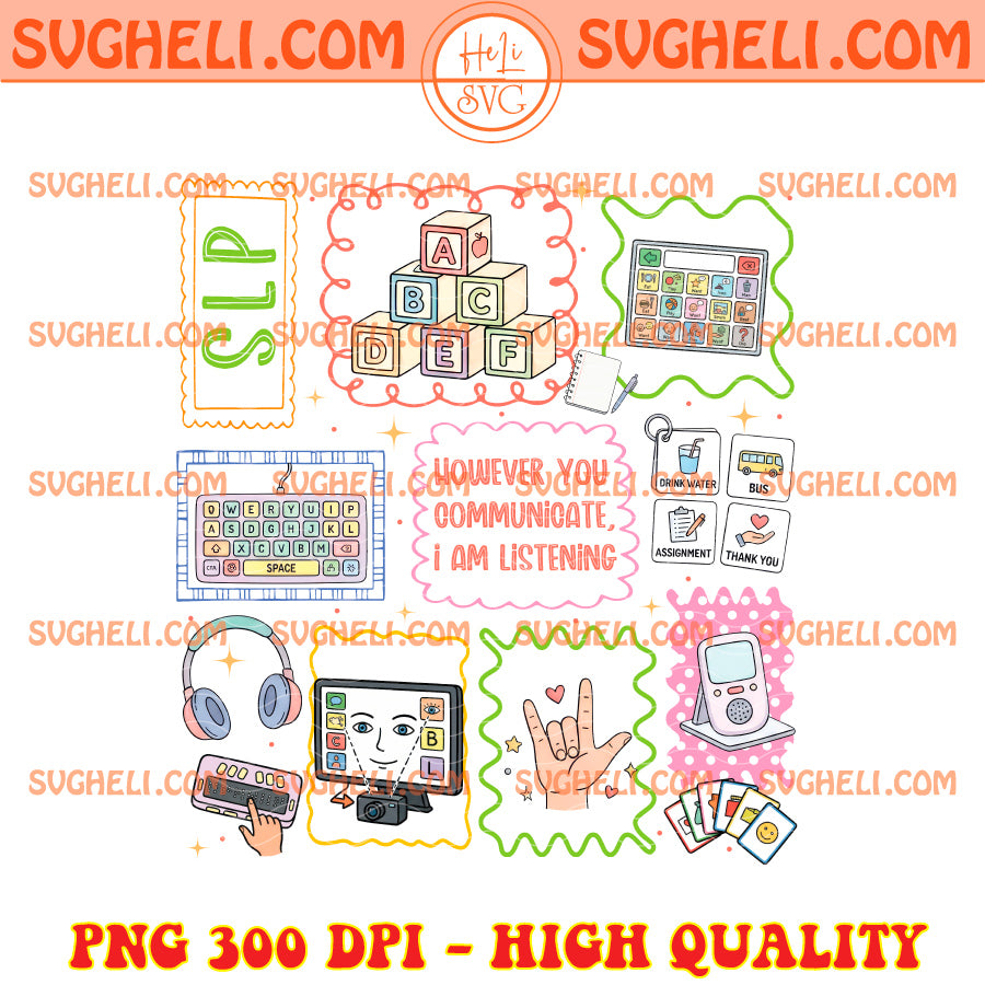 Everyone Communication Speechie AAC Bcba Aba Png illustration with communication tools and symbols, PNG 300 DPI, high quality.