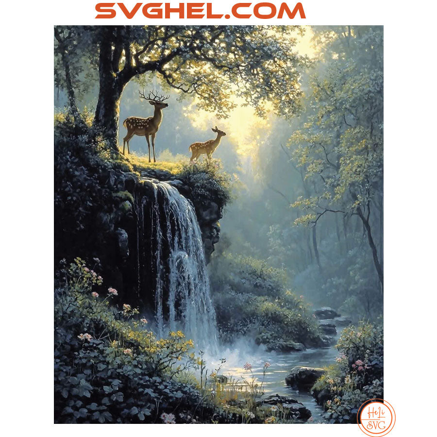 Forest Dawn Hand-Painted Oil Painting of two deer by a waterfall in a sunlit forest setting.
