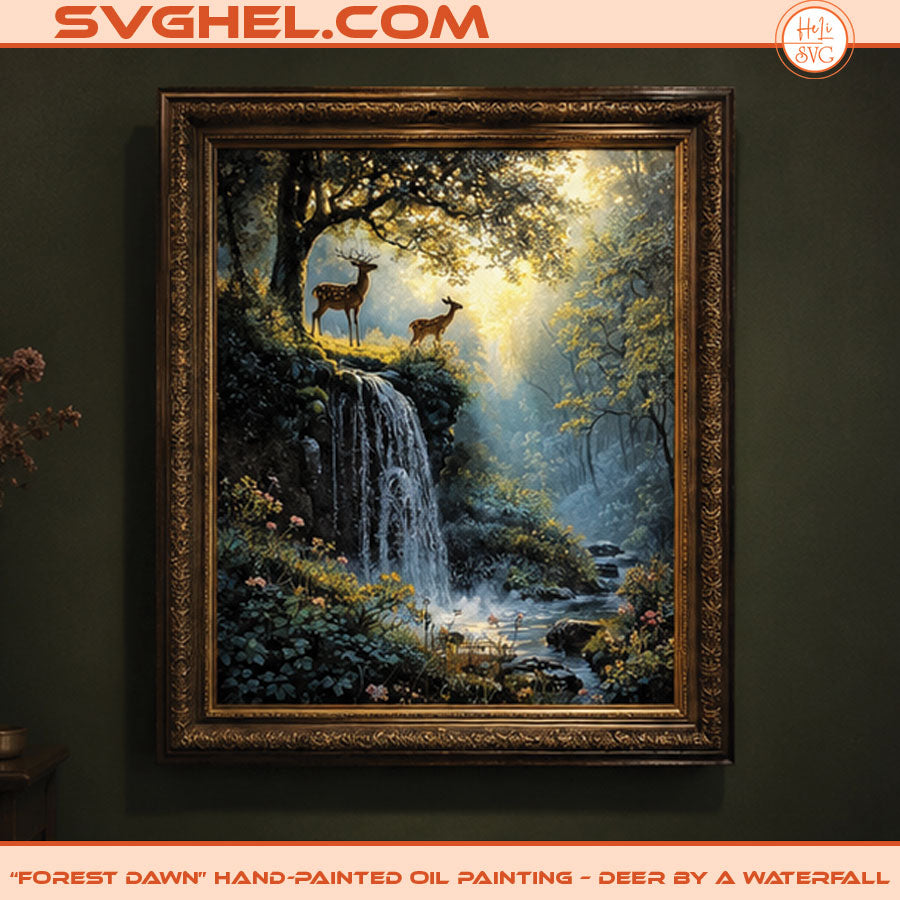 Forest Dawn Hand-Painted Oil Painting featuring deer beside a serene waterfall in a forest.
