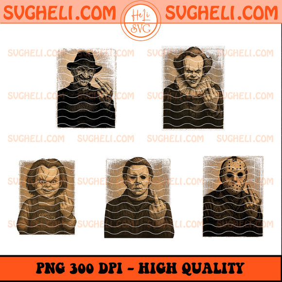 Fuck Hand Halloween Horror Movies Png featuring iconic horror movie characters showing a hand gesture, high quality 300 DPI PNG.