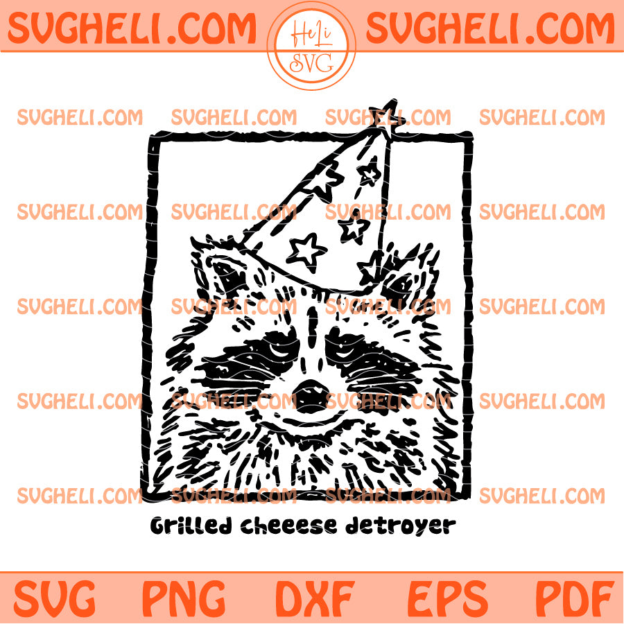 Funny Grilled Cheese Destroyer Svg featuring a vintage raccoon with a party hat.