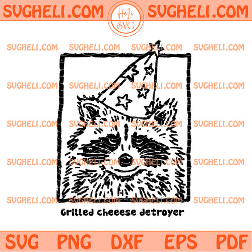 Funny Grilled Cheese Destroyer Svg featuring a vintage raccoon with a party hat.