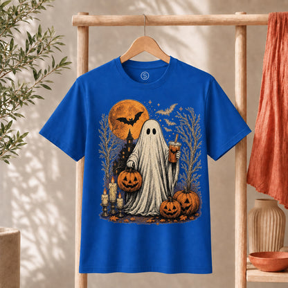 Ghost Halloween Shirt featuring a friendly ghost with an iced coffee, pumpkins, and a spooky backdrop.