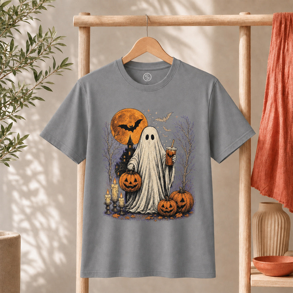Ghost Halloween Shirt featuring a cute ghost with iced coffee and pumpkins, perfect for spooky season.