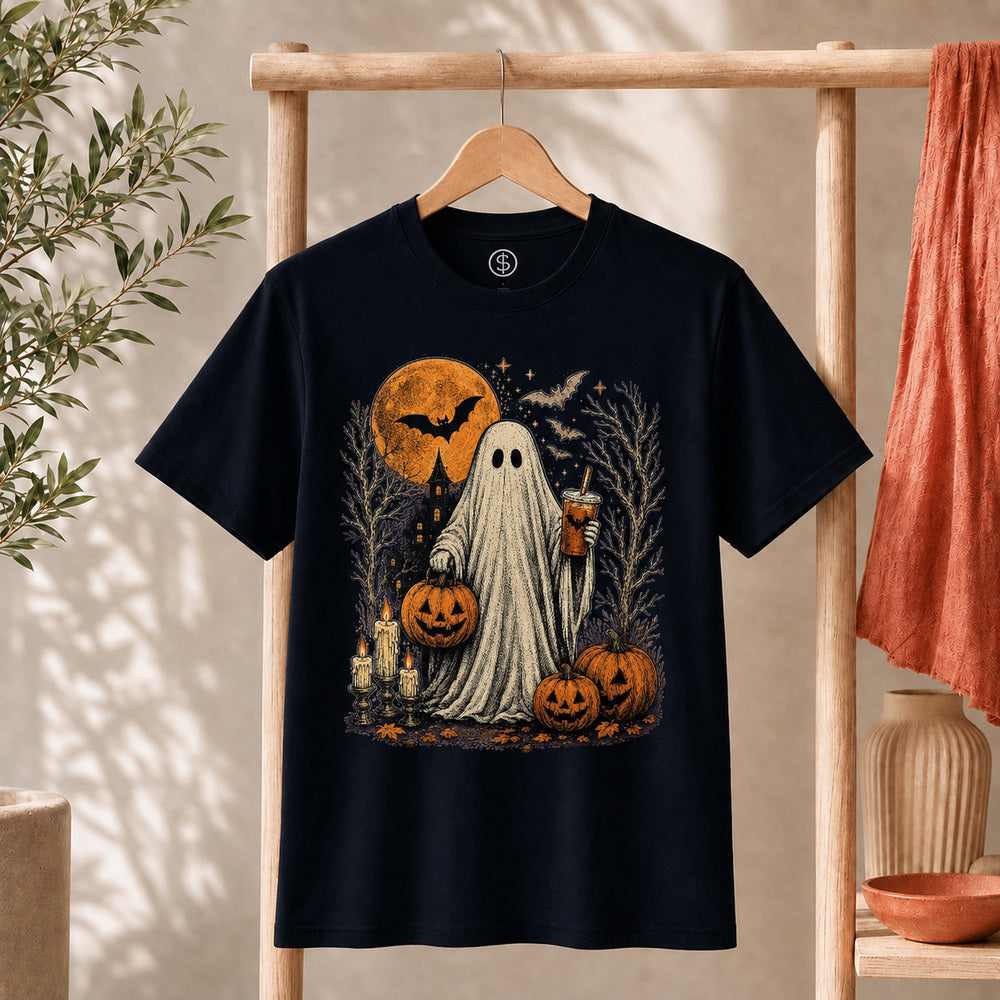 Ghost Halloween Shirt featuring a spooky ghost holding iced coffee and pumpkins, perfect for Halloween celebrations.