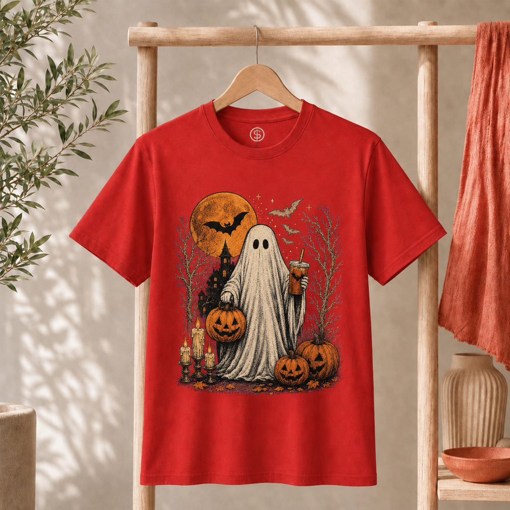 Ghost Halloween Shirt Cute Spooky Ghost Coffee Tee featuring a ghost with pumpkins and iced coffee.