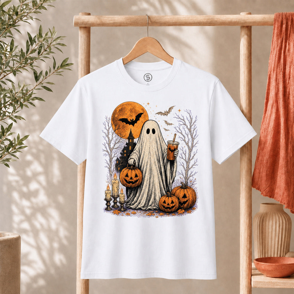 Ghost Halloween Shirt featuring a friendly ghost with iced coffee, pumpkins, bats, and a haunted house.
