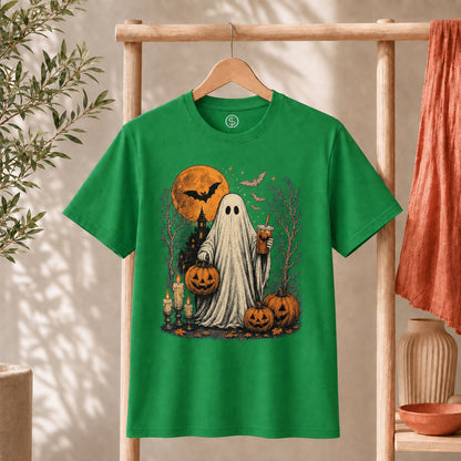 Ghost Halloween Shirt featuring a cute ghost with coffee, pumpkins, and a spooky backdrop, perfect for Halloween.