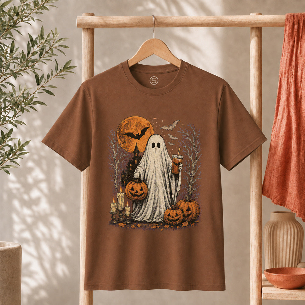Ghost Halloween Shirt featuring a spooky friendly ghost with pumpkins and iced coffee, perfect for Halloween celebrations.
