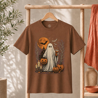 Ghost Halloween Shirt featuring a spooky friendly ghost with pumpkins and iced coffee, perfect for Halloween celebrations.