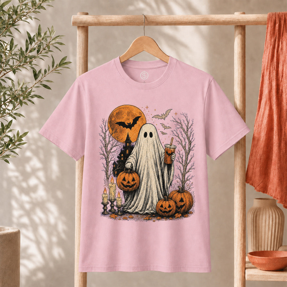 Ghost Halloween Shirt featuring a cute spooky ghost holding iced coffee with pumpkins and bats in a whimsical Halloween scene.