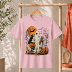 Ghost Halloween Shirt featuring a cute spooky ghost holding iced coffee with pumpkins and bats in a whimsical Halloween scene.