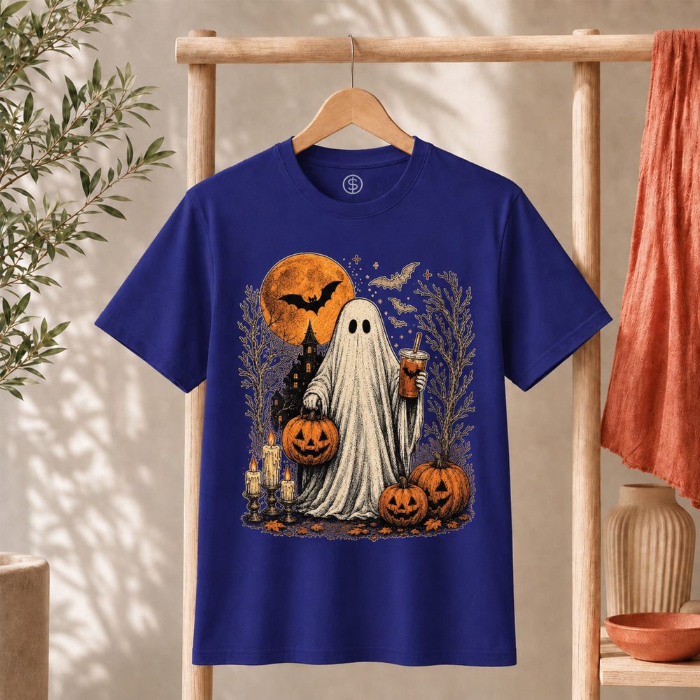 Ghost Halloween Shirt Cute Spooky Ghost Coffee Tee featuring a ghost with pumpkins and a haunted house.