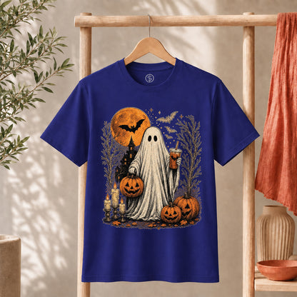 Ghost Halloween Shirt Cute Spooky Ghost Coffee Tee featuring a ghost with pumpkins and a haunted house.