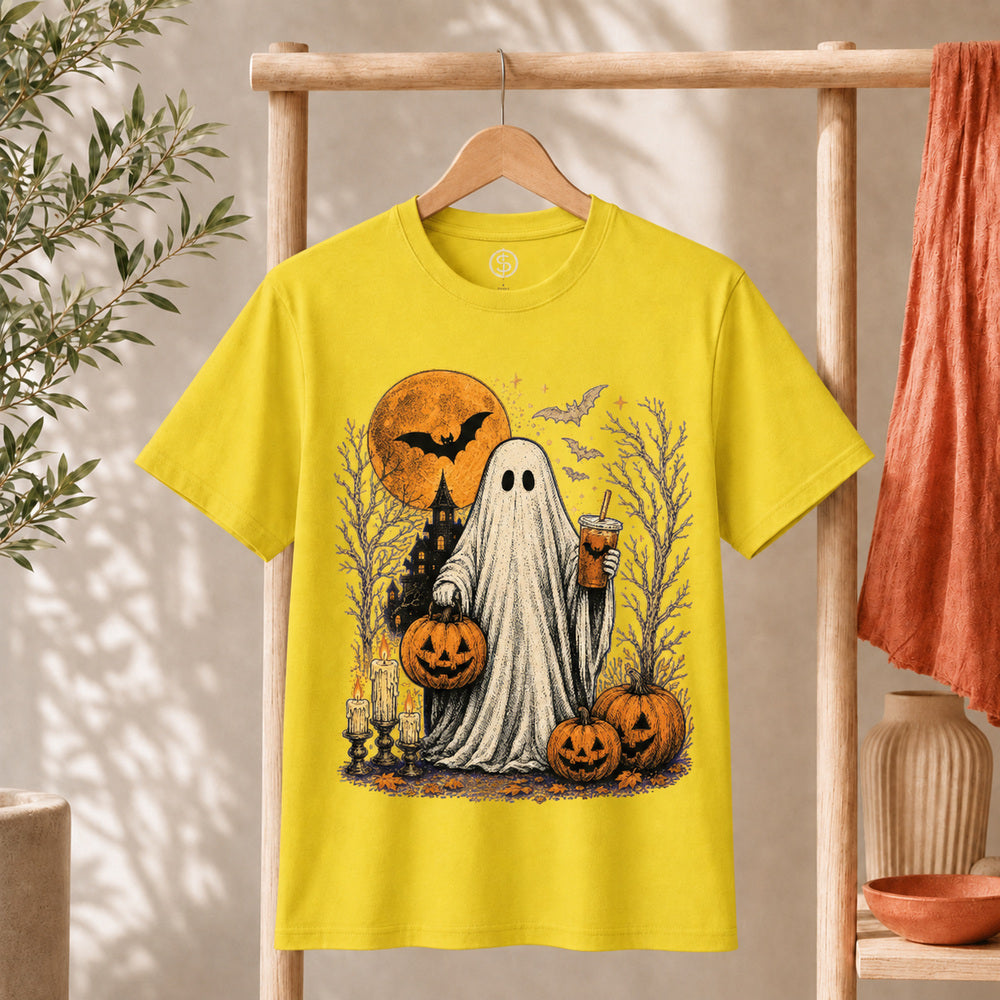 Ghost Halloween Shirt featuring a friendly ghost with iced coffee and pumpkins, perfect for spooky season.
