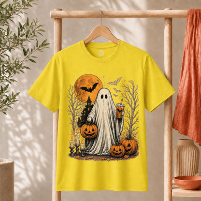 Ghost Halloween Shirt featuring a friendly ghost with iced coffee and pumpkins, perfect for spooky season.
