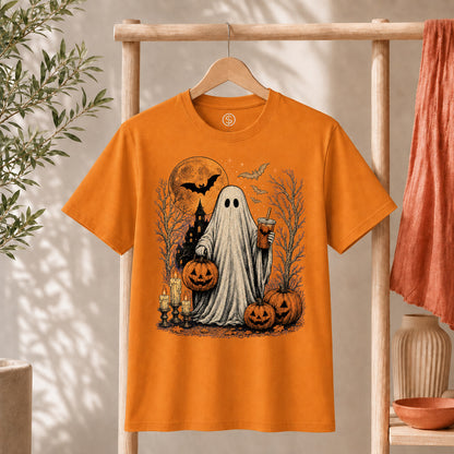 Ghost Halloween Shirt with friendly ghost, pumpkins, and haunted house graphic on orange tee.