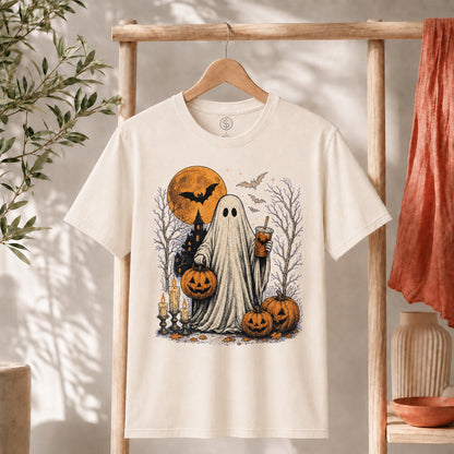 Ghost Halloween Shirt featuring a friendly ghost with iced coffee, pumpkins, bats, and a full moon.