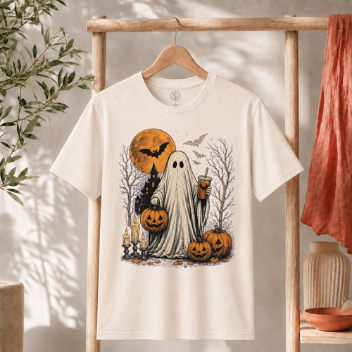 Ghost Halloween Shirt featuring a friendly ghost with iced coffee, pumpkins, bats, and a full moon.