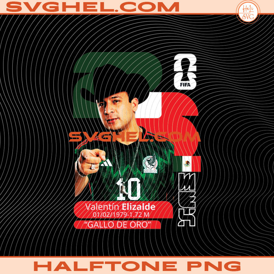 Halftone World Cup Designs Png Bundle featuring a soccer player, Valentín Elizalde, in a Mexican jersey.