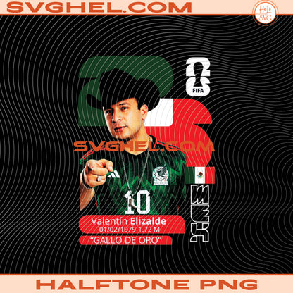 Halftone World Cup Designs Png Bundle featuring a soccer player, Valentín Elizalde, in a Mexican jersey.