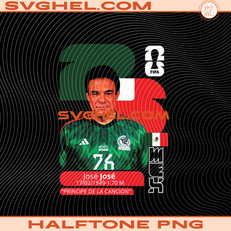 Halftone World Cup Designs Png Bundle featuring Mexican soccer player José José in FIFA-themed artwork.