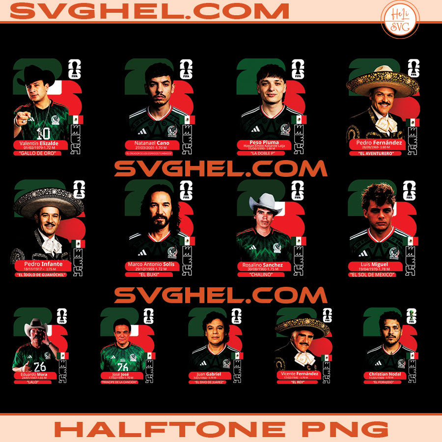 Halftone World Cup Designs Png Bundle featuring soccer players in festive attire, high-quality PNG images.