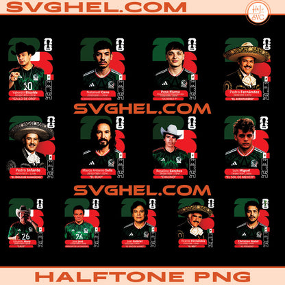 Halftone World Cup Designs Png Bundle featuring soccer players in festive attire, high-quality PNG images.