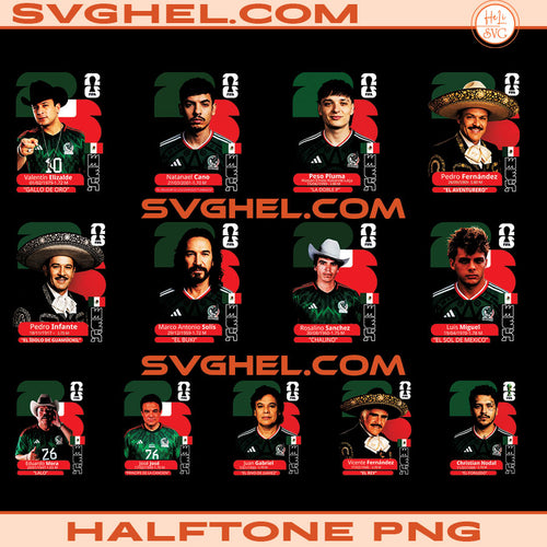 Halftone World Cup Designs Png Bundle featuring soccer players in festive attire, high-quality PNG images.